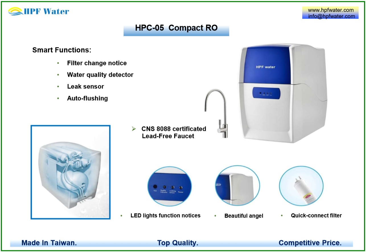Compact RO appliance with quick-connect filters and tank inside.